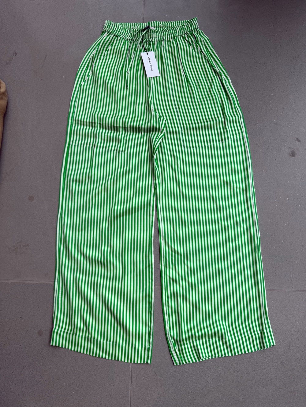 Suzie Winkle Green & White Striped Wide-Leg Casual Pants with Elastic Waist